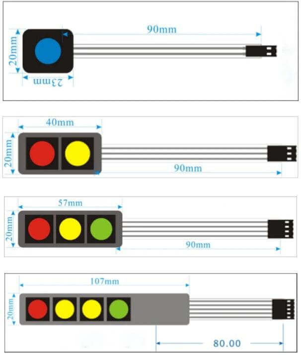 Diagram of various 1 2 3 4 key button membrane switches for Arduino with dimensions and color-coded buttons.