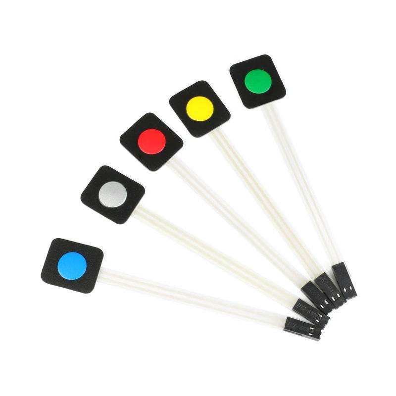 Set of 5 colored key buttons for Arduino projects, including red, yellow, green, blue, and black, ideal for DIY control panels.