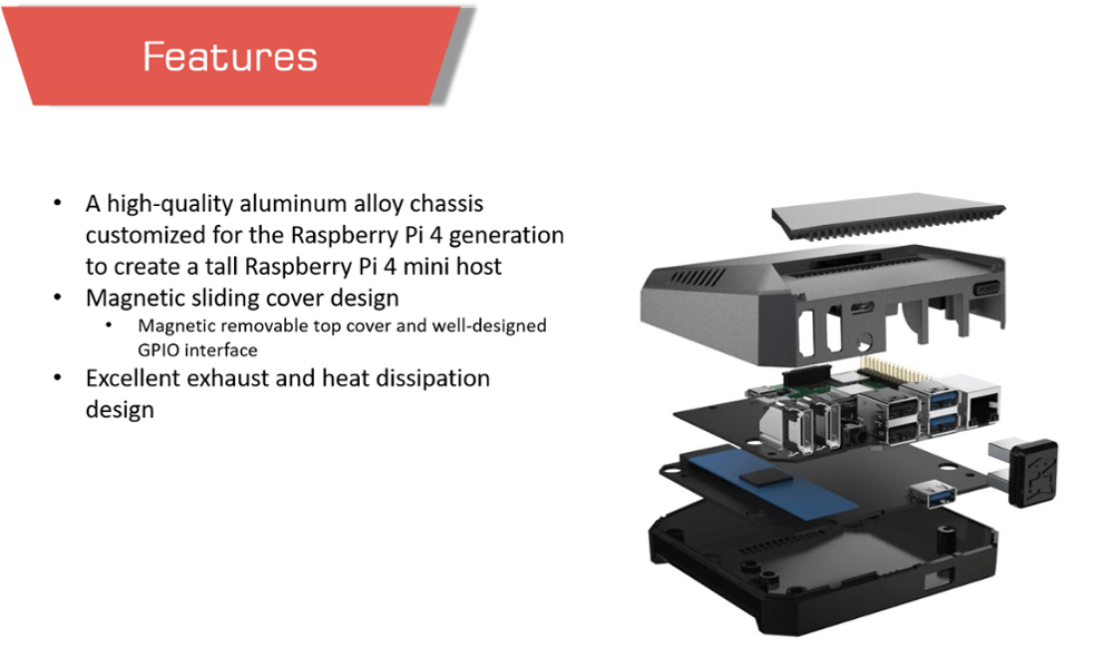 High-quality aluminum alloy Argon ONE M.2 case for Raspberry Pi 4 with magnetic cover and excellent heat dissipation.