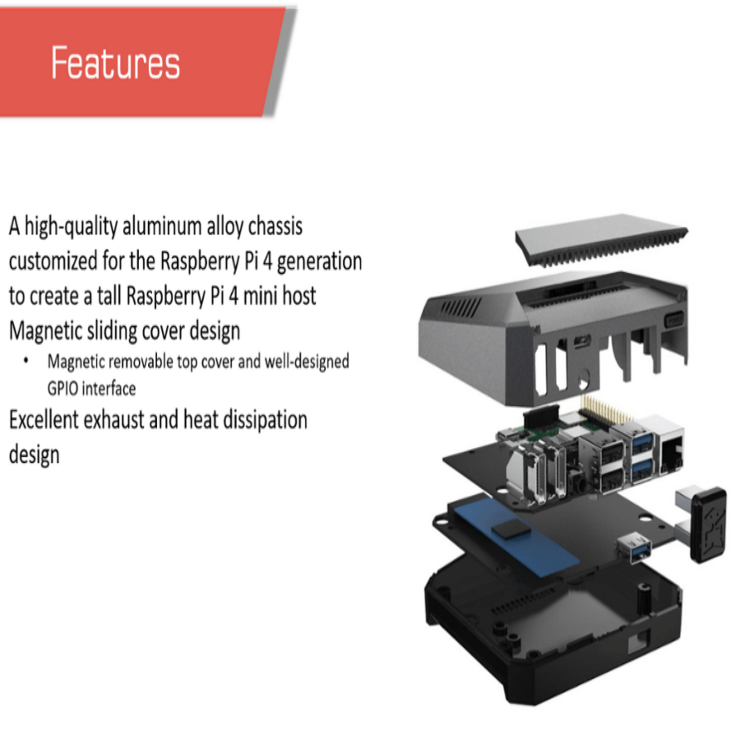 High-quality aluminum alloy Argon ONE M.2 case for Raspberry Pi 4 with magnetic cover and excellent heat dissipation.