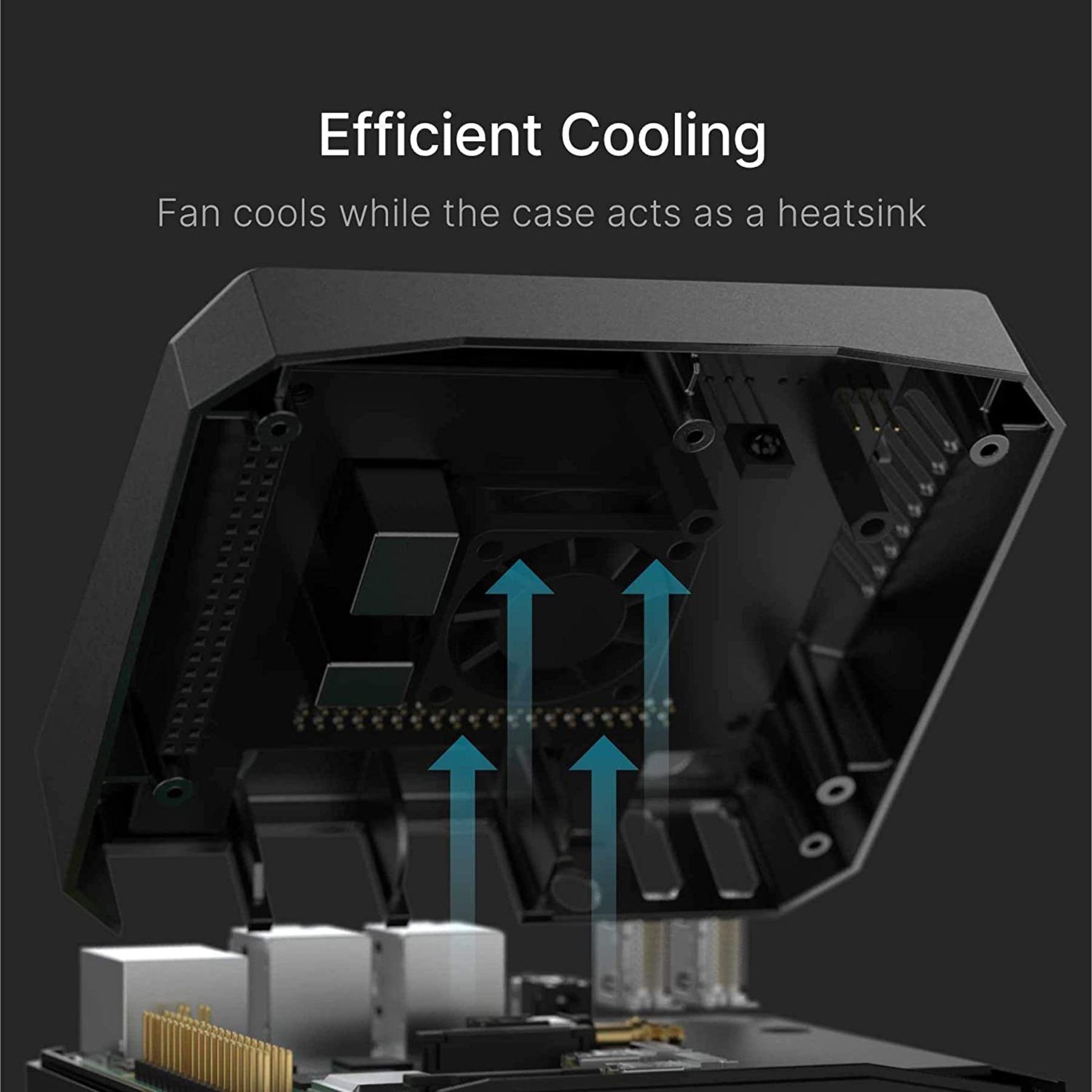 Efficient cooling in Argon ONE M.2 Raspberry Pi 4 case; integrated fan cools while the case acts as a heatsink.