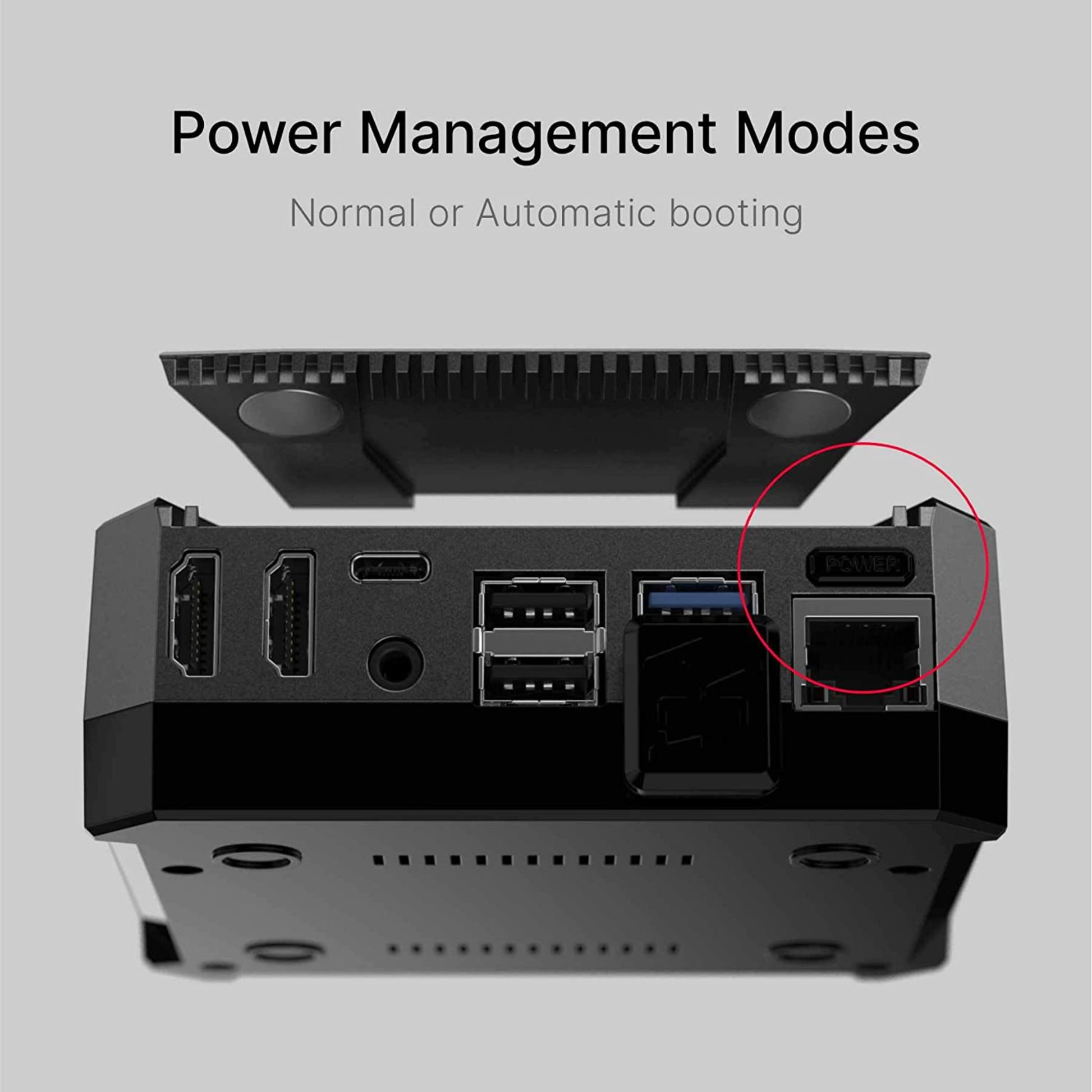 Argon ONE M.2 Raspberry Pi 4 case showing normal or automatic booting power management modes.