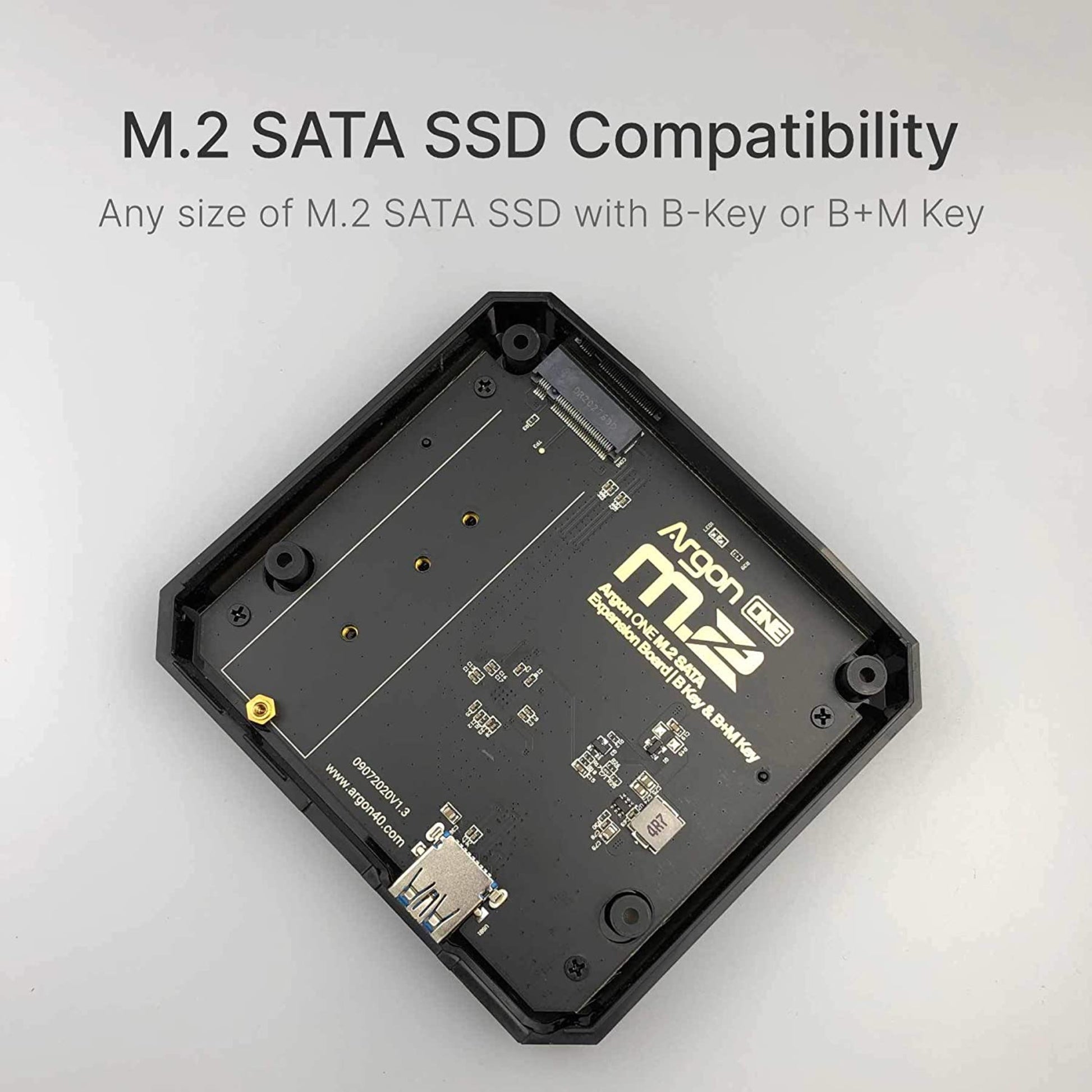 Argon ONE M.2 expansion board for Raspberry Pi 4, compatible with B-Key or B+M Key M.2 SATA SSDs.