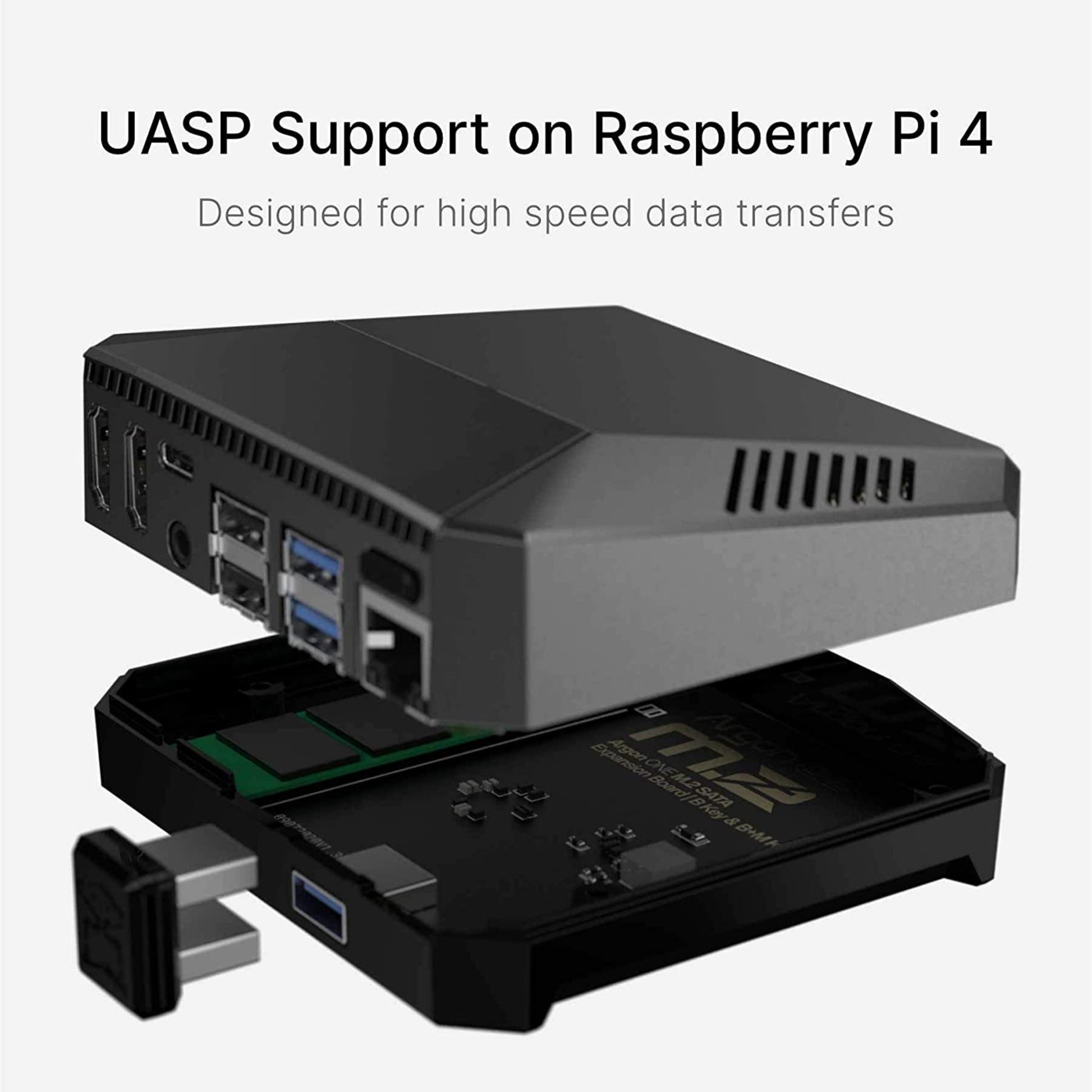Argon ONE M.2 case for Raspberry Pi 4 supporting UASP for high-speed data transfers via USB.