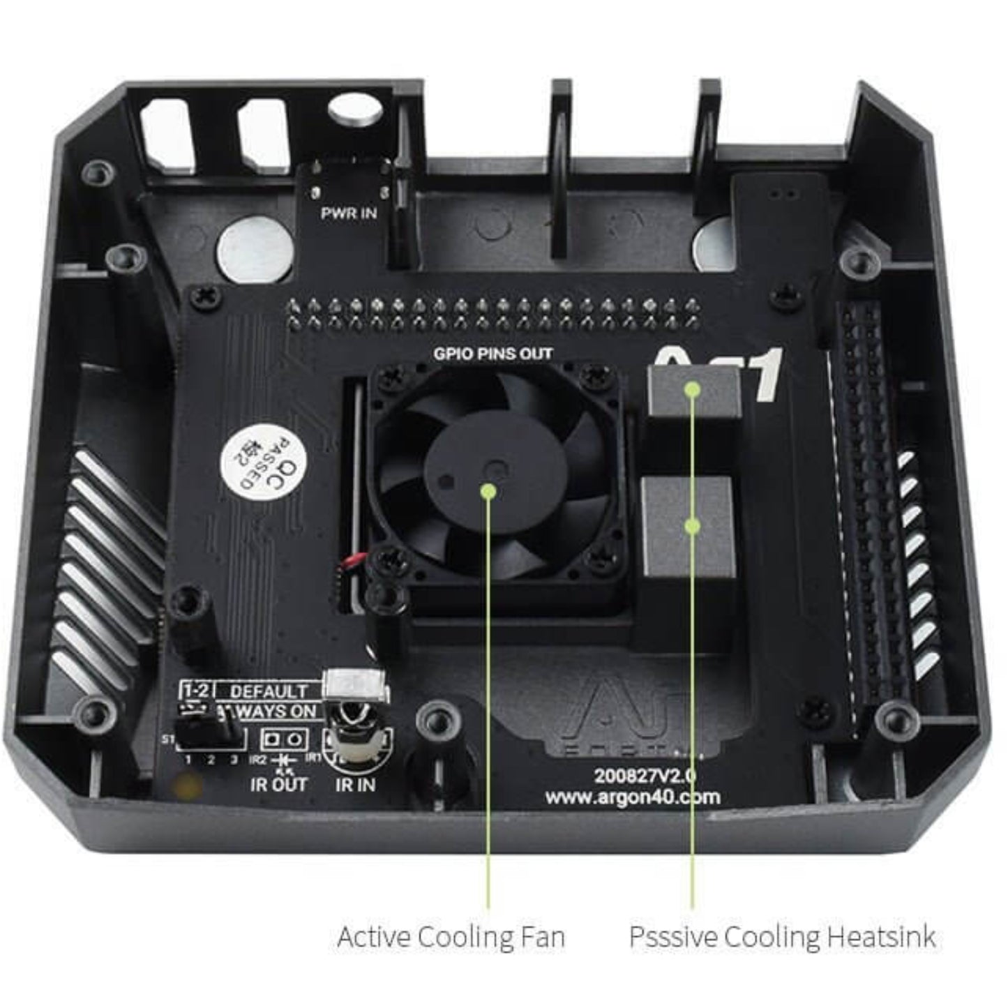 Inside view of Argon ONE V2 Case for Raspberry Pi 4, showing active cooling fan and passive heatsink layout.