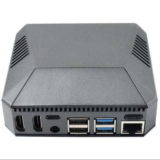 Argon ONE V2 case for Raspberry Pi 4 showing rear ports: HDMI, USB, Ethernet, and power button.