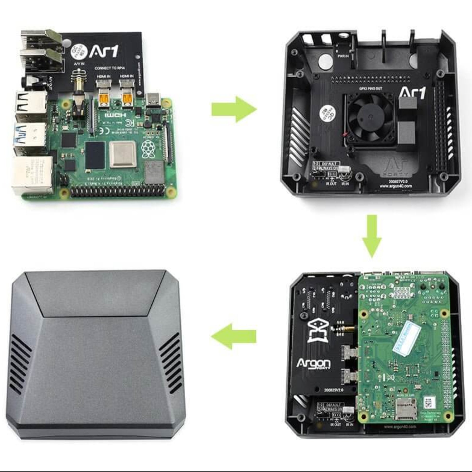 Step-by-step assembly of Argon ONE V2 Case for Raspberry Pi 4, showing components and their arrangement.