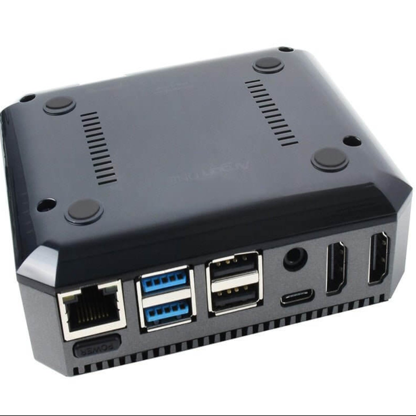 Argon ONE V2 Case for Raspberry Pi 4 showing HDMI ports, USB connectors, and Ethernet port with sleek aluminum design.