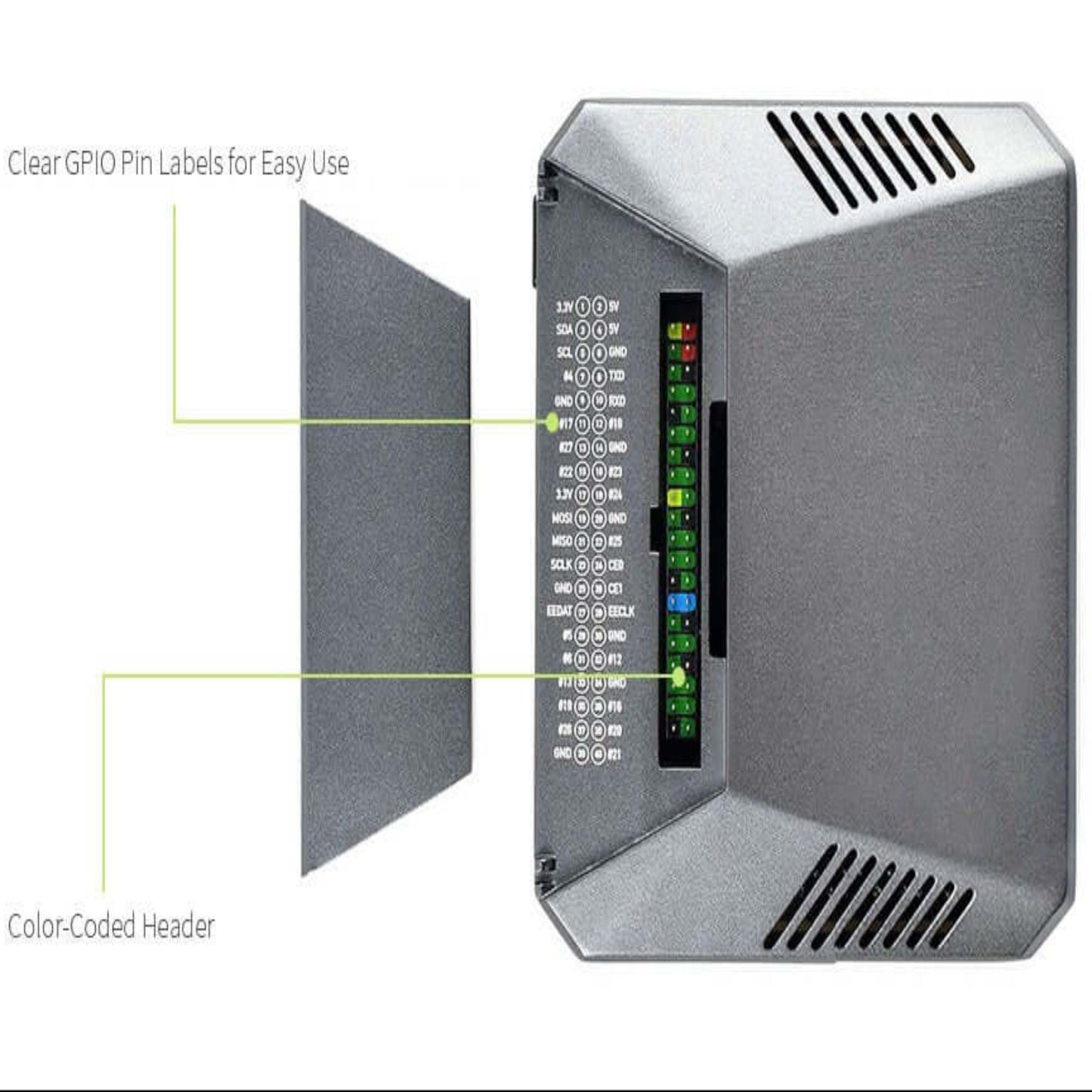 Argon ONE V2 Case for Raspberry Pi 4 showing clear GPIO pin labels and color-coded header for easy access.