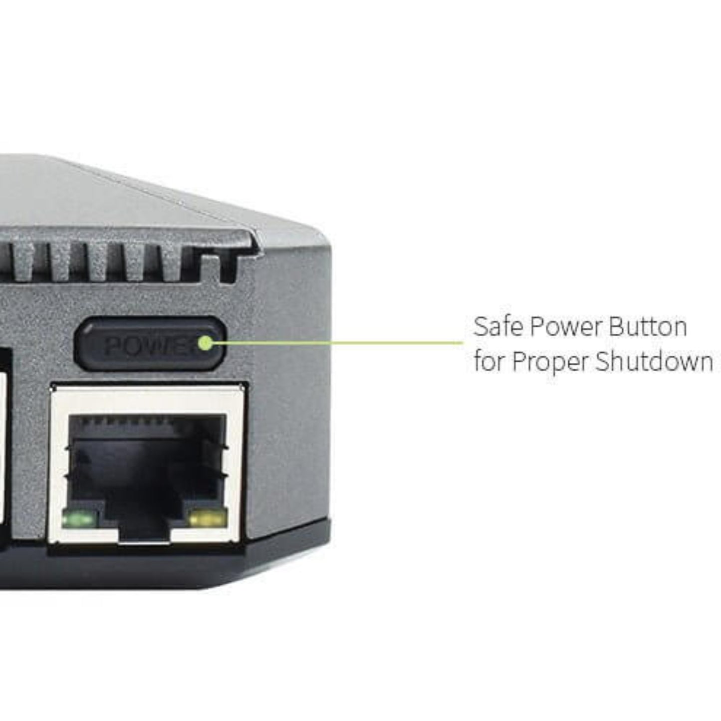 Argon ONE V2 Case side view showcasing USB ports and safe power button for Raspberry Pi 4 proper shutdown.