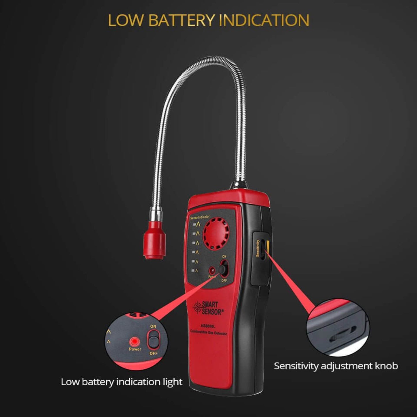 AS8800L gas detector showing low battery indicator and sensitivity adjustment knob.