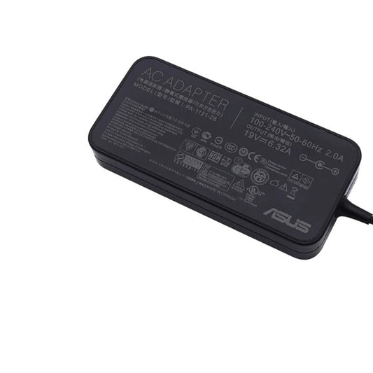 ASUS 19V 6.32A laptop charger showing input/output specs, model PA-1121-28 for various ASUS models.