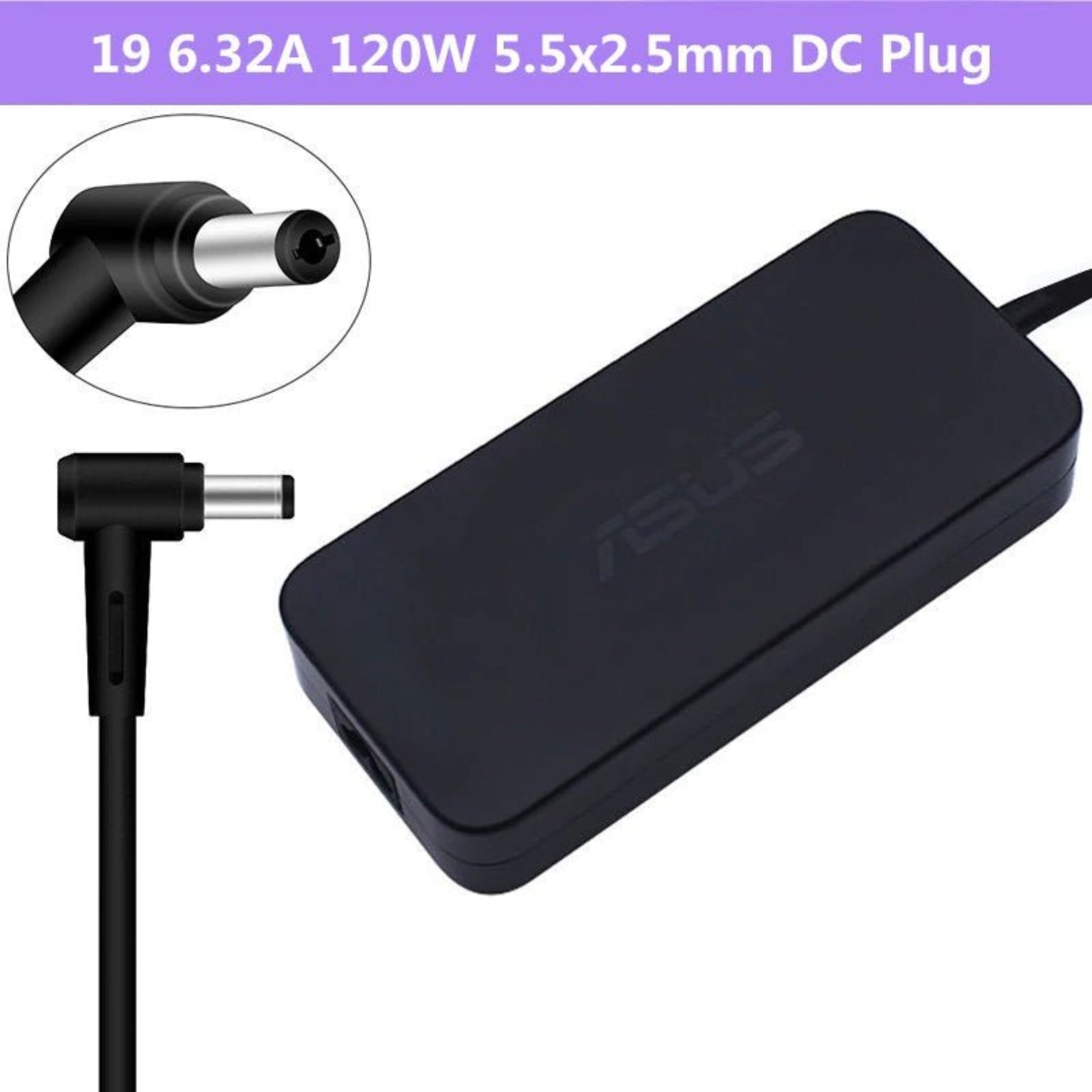 ASUS 19V 6.32A 120W laptop charger with 5.5x2.5mm DC plug and angled connector.