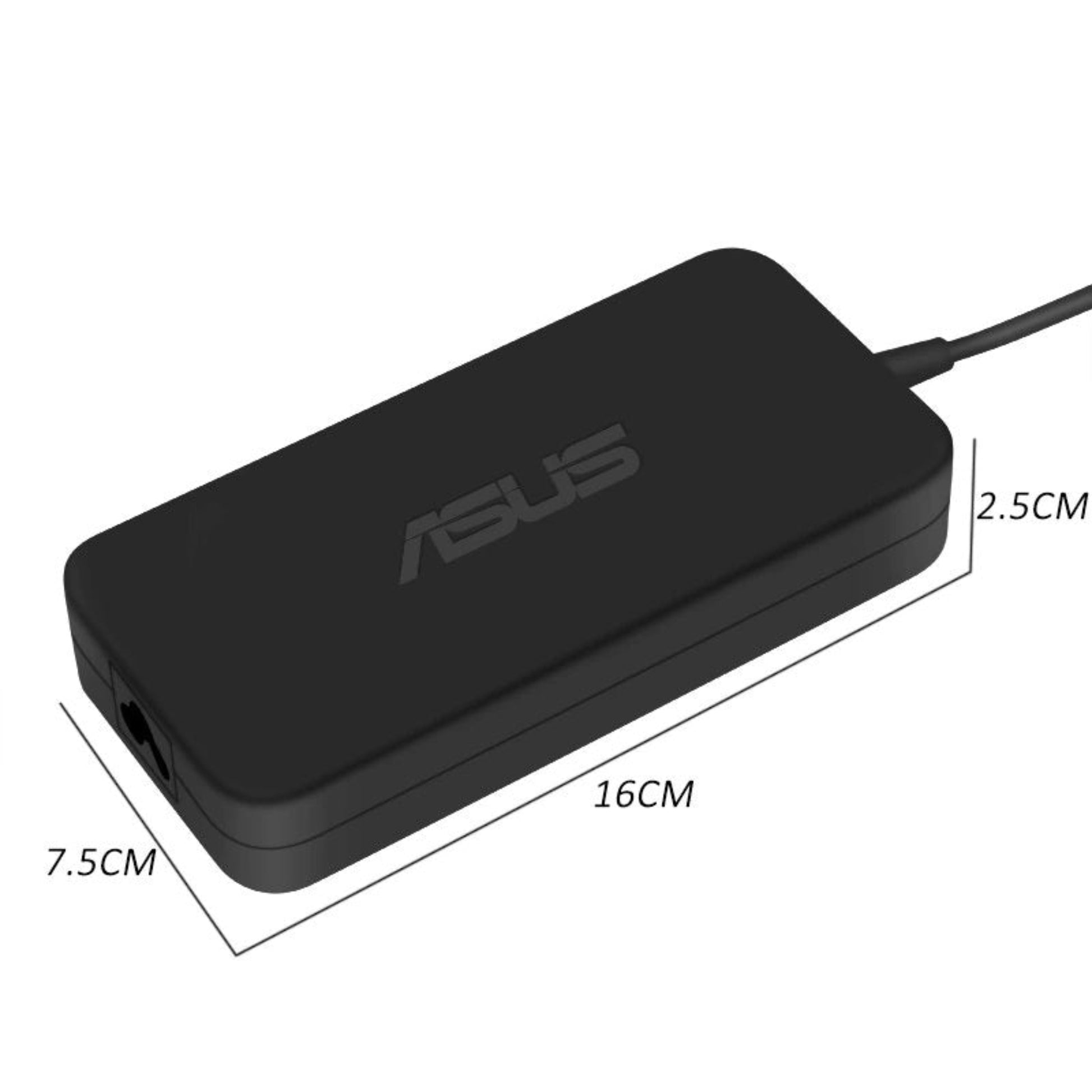ASUS laptop charger showing dimensions: 16cm length, 7.5cm width, 2.5cm height.