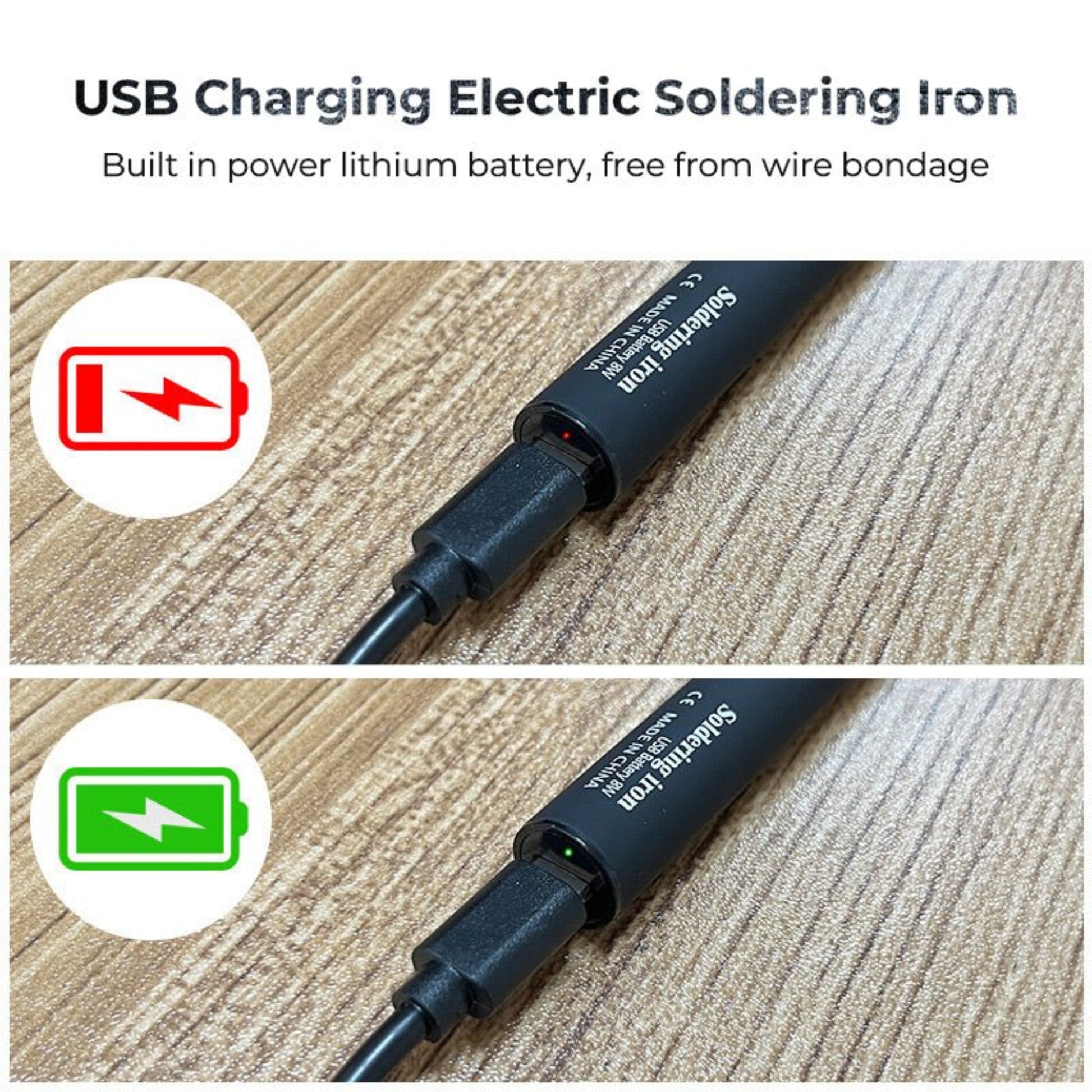 Close-up view of USB charging electric soldering iron with battery indicator icons showing charging status.