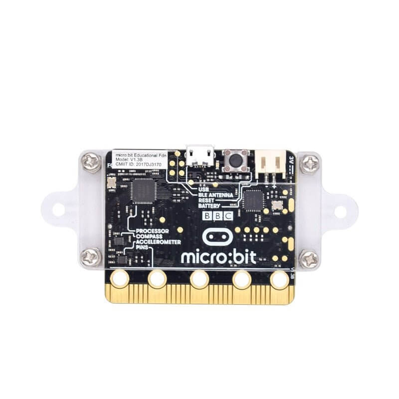 Clear acrylic case protecting BBC Micro:bit, showcasing board components and LEDs.