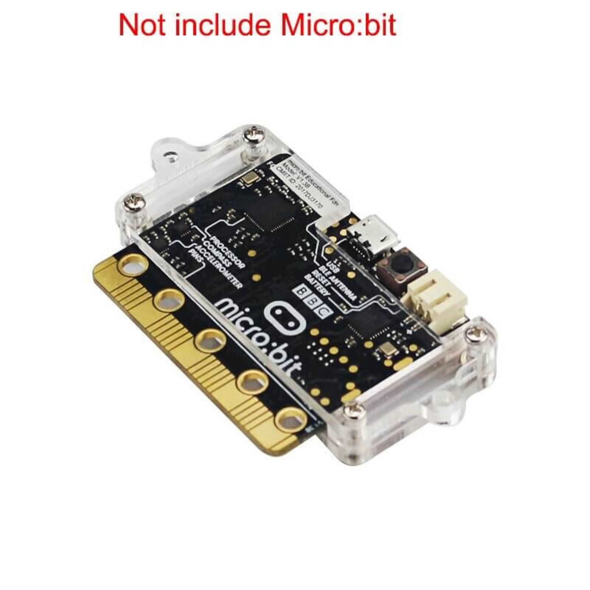 Clear acrylic protective case for BBC Micro:bit showing full visibility of components and LEDs.
