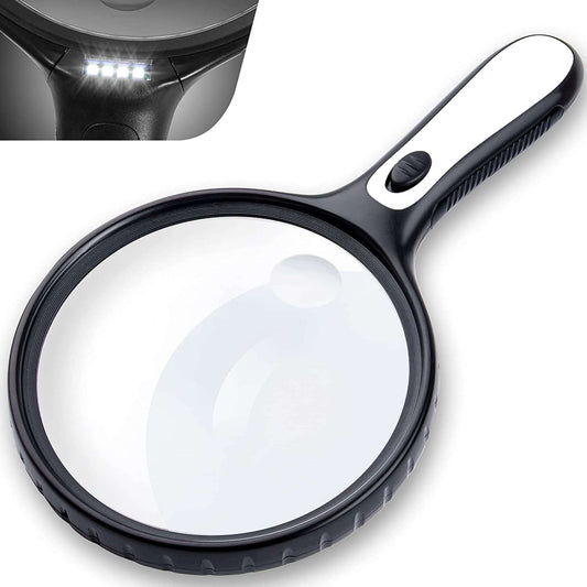 Large black handheld LED magnifying glass with light, 5X and 10X power, for seniors reading or inspection.