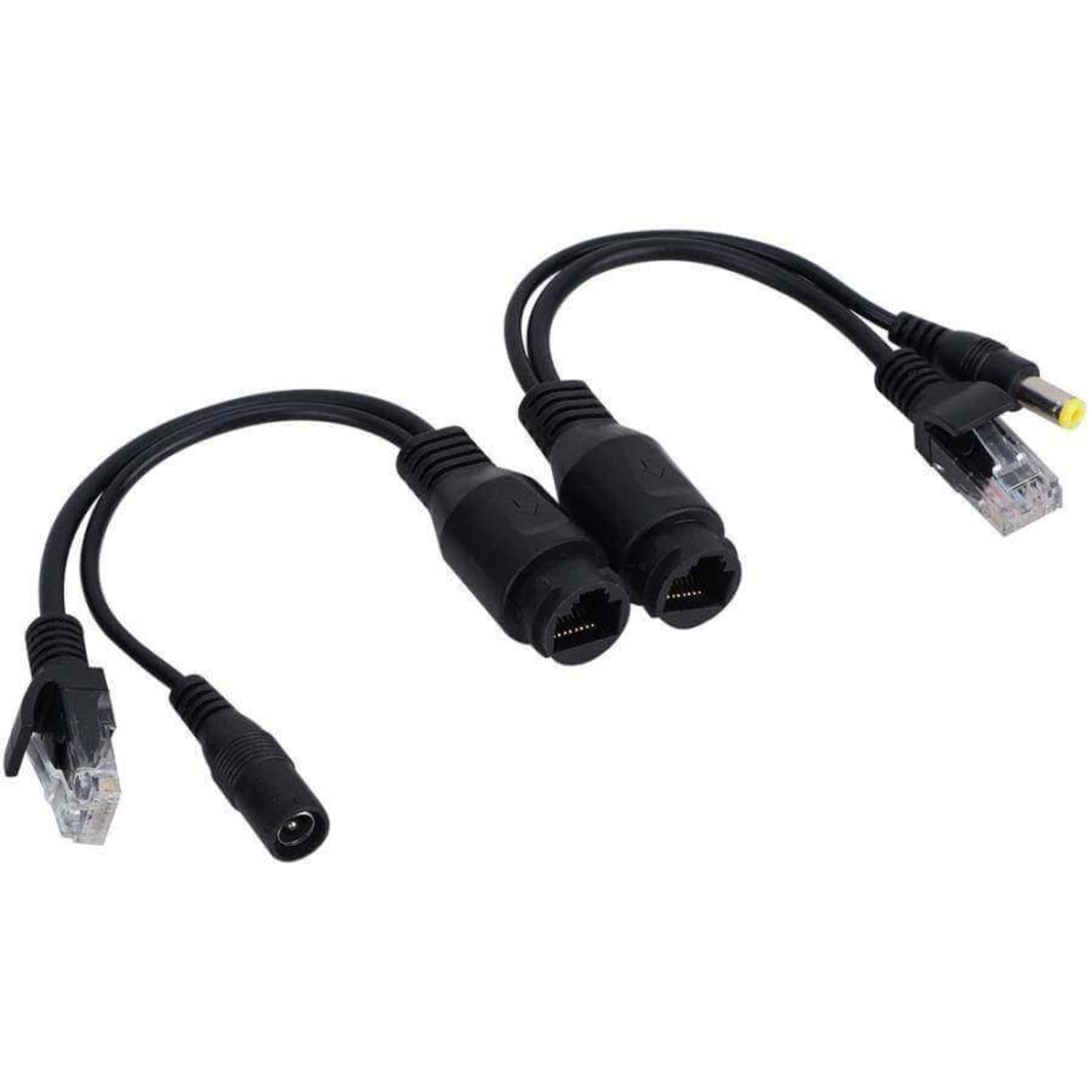 A pair of black PoE power supply cables, splitter and injector for seamless network and power transmission.