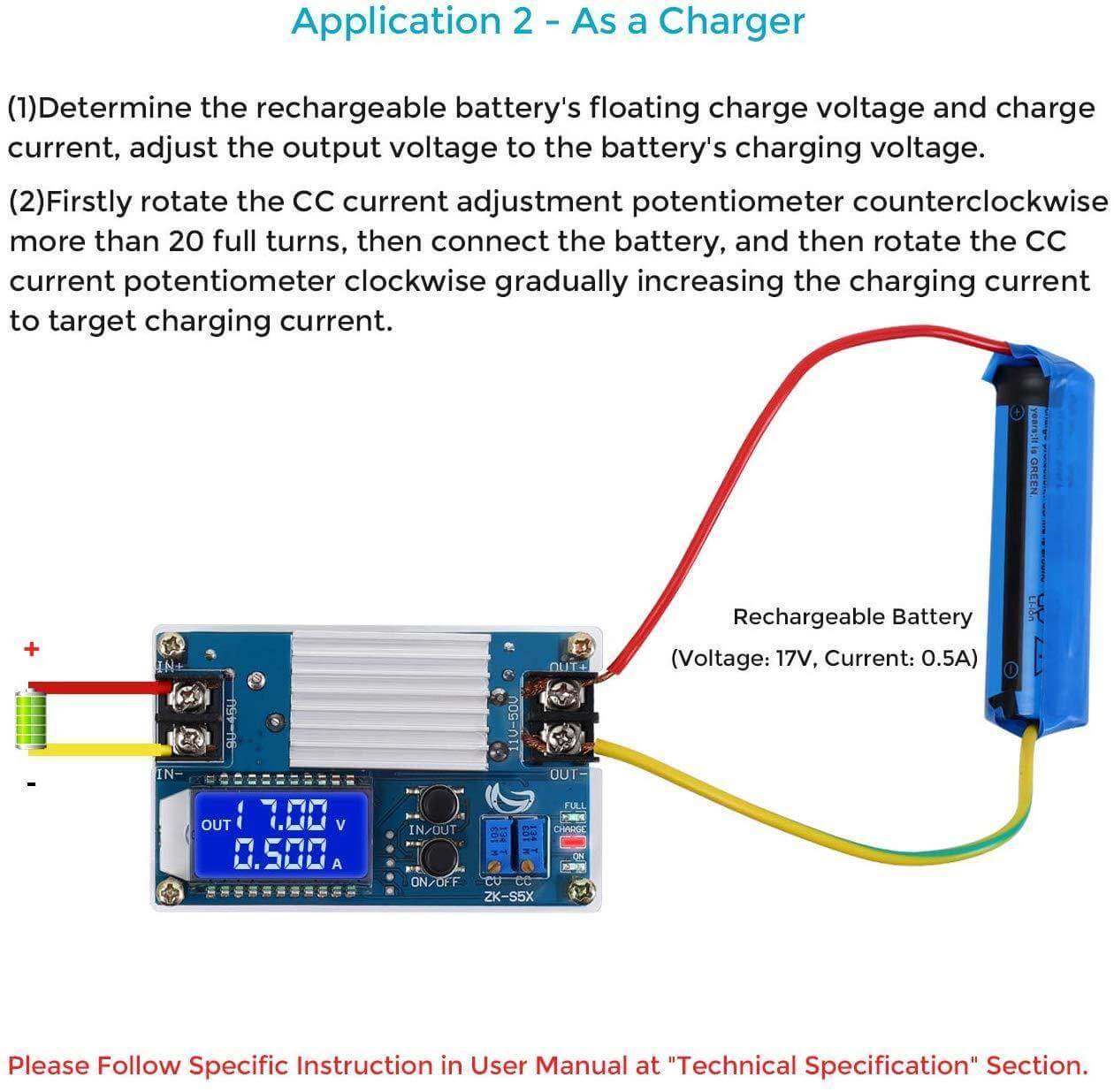 Boost converter with LCD displaying connection to a rechargeable battery for charging, highlighting adjustable settings.