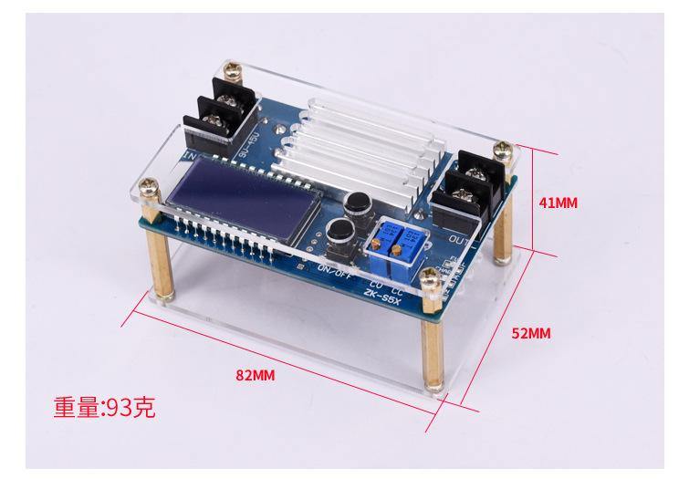 5A Boost Converter module with LCD display, adjustable voltage, and current for electronic applications.