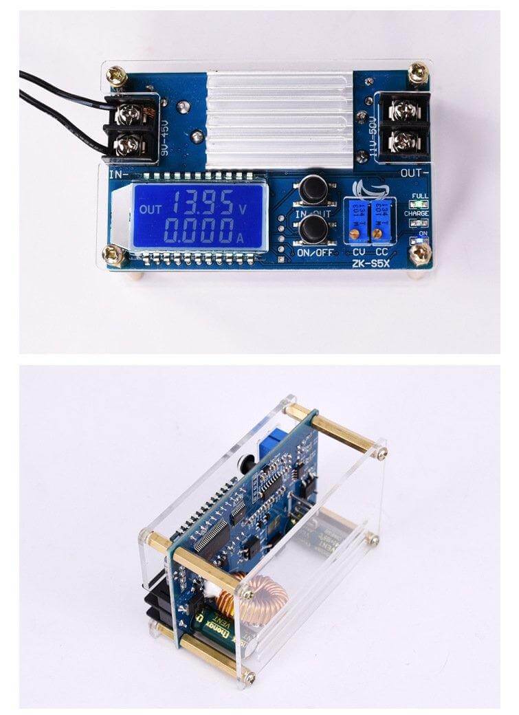 5A Boost Converter ZK-S5X with LCD display for adjustable voltage and current, featuring an acrylic casing.