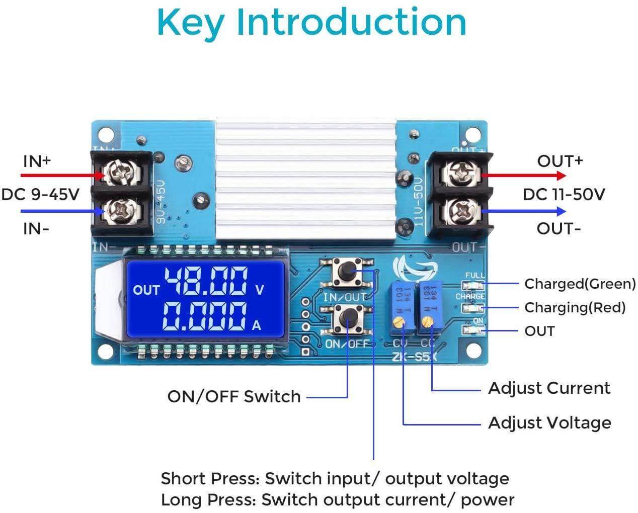 5A Boost Converter with LCD display showing voltage, current, and connection inputs/outputs for power applications.