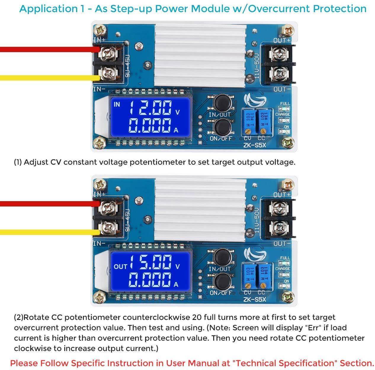 Diagram showing application of 5A Boost Converter as Step-up Power Module with overcurrent protection settings.