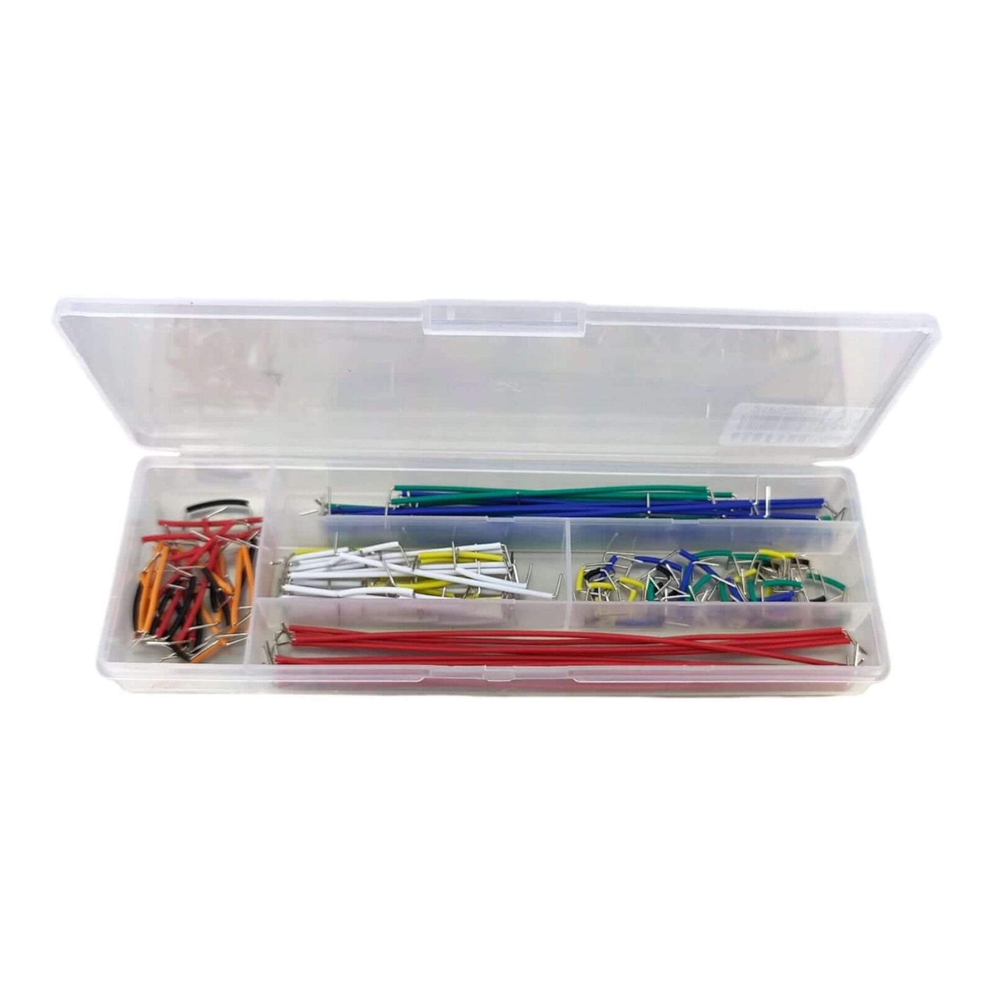 140-piece preformed breadboard jumper wire kit with assorted lengths and colors for prototyping circuits.