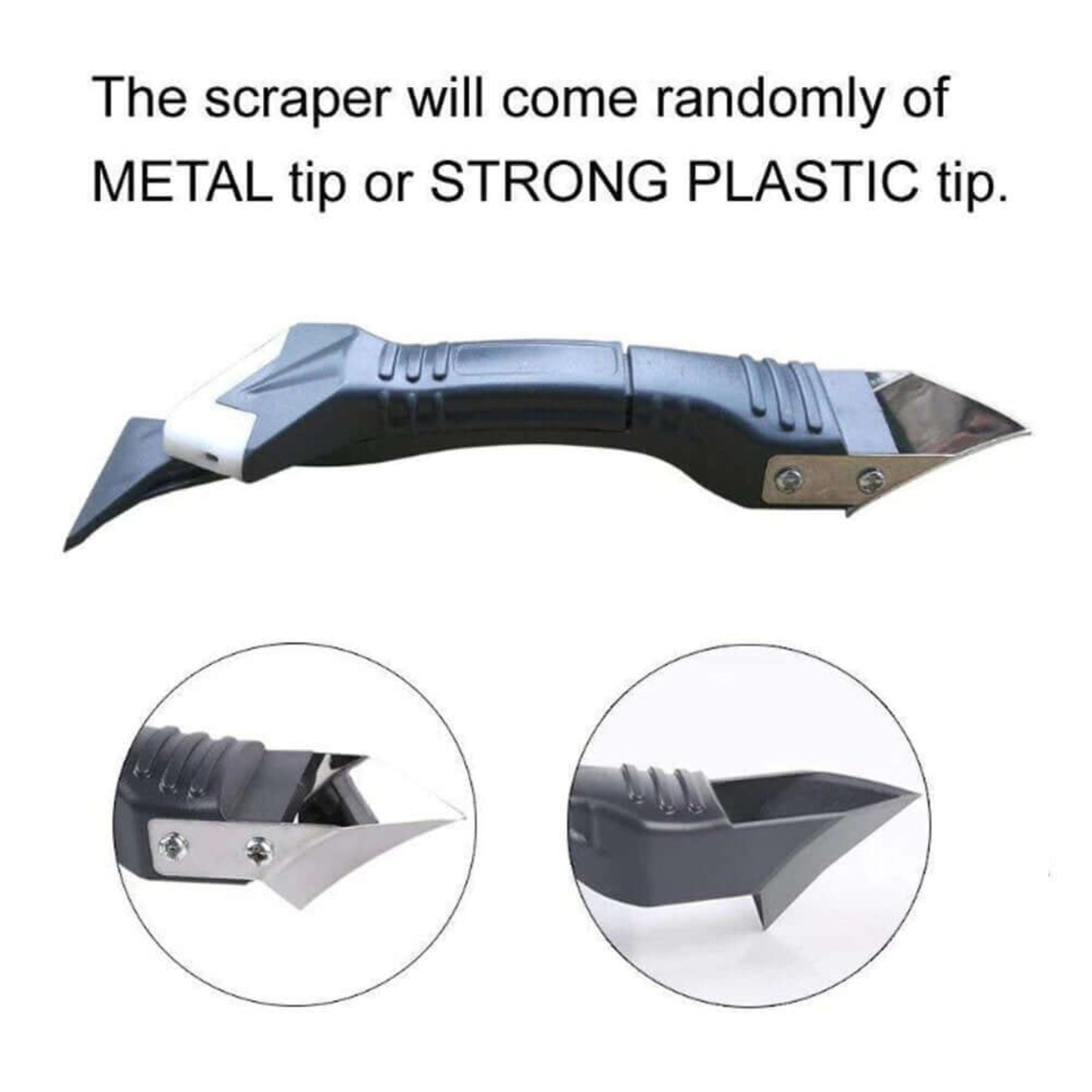 3 in 1 rubber silicone remover tool showcasing metal and plastic scraping tips for effective sealing.
