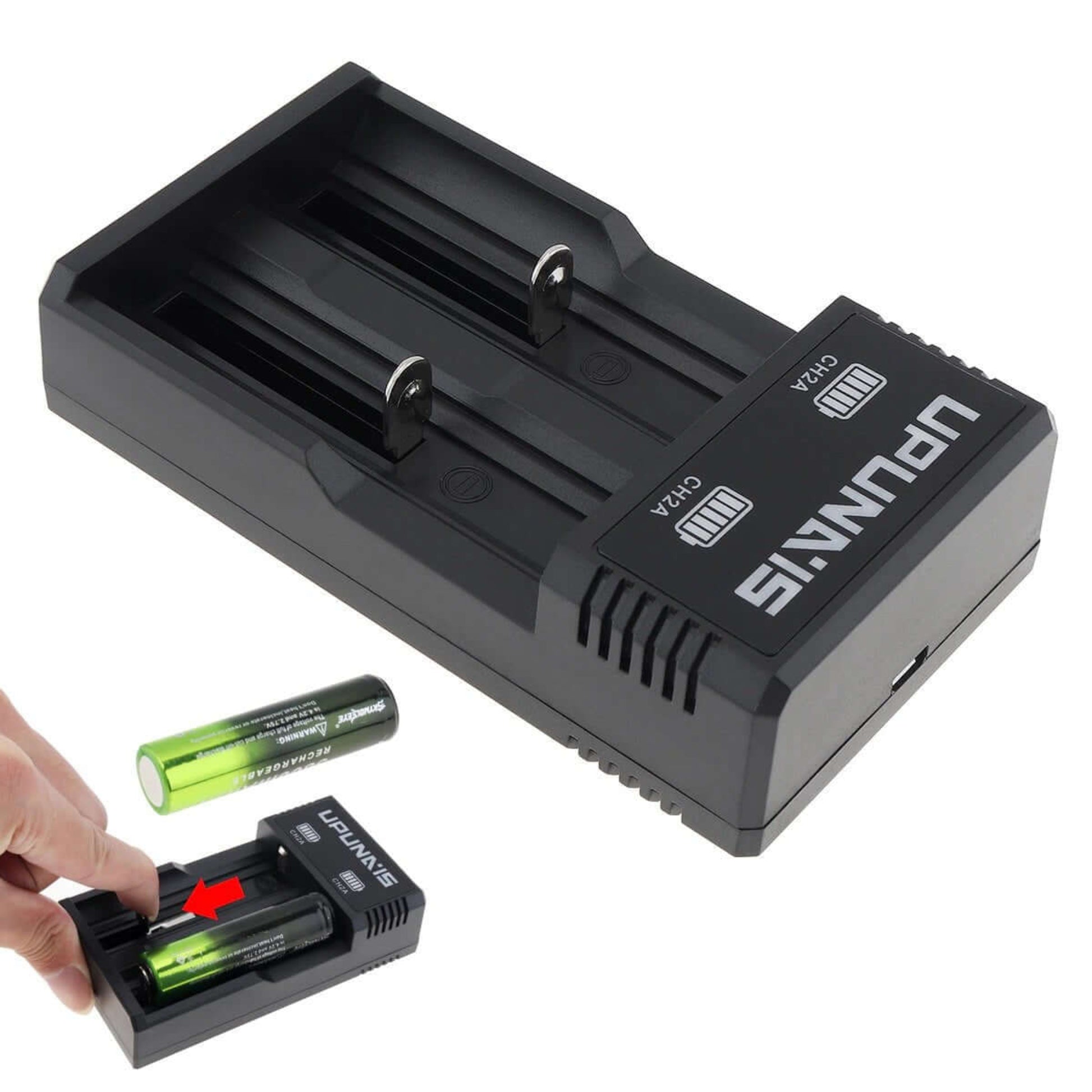 CH2A dual-slot USB charger demonstrating how to properly insert an 18650 battery.