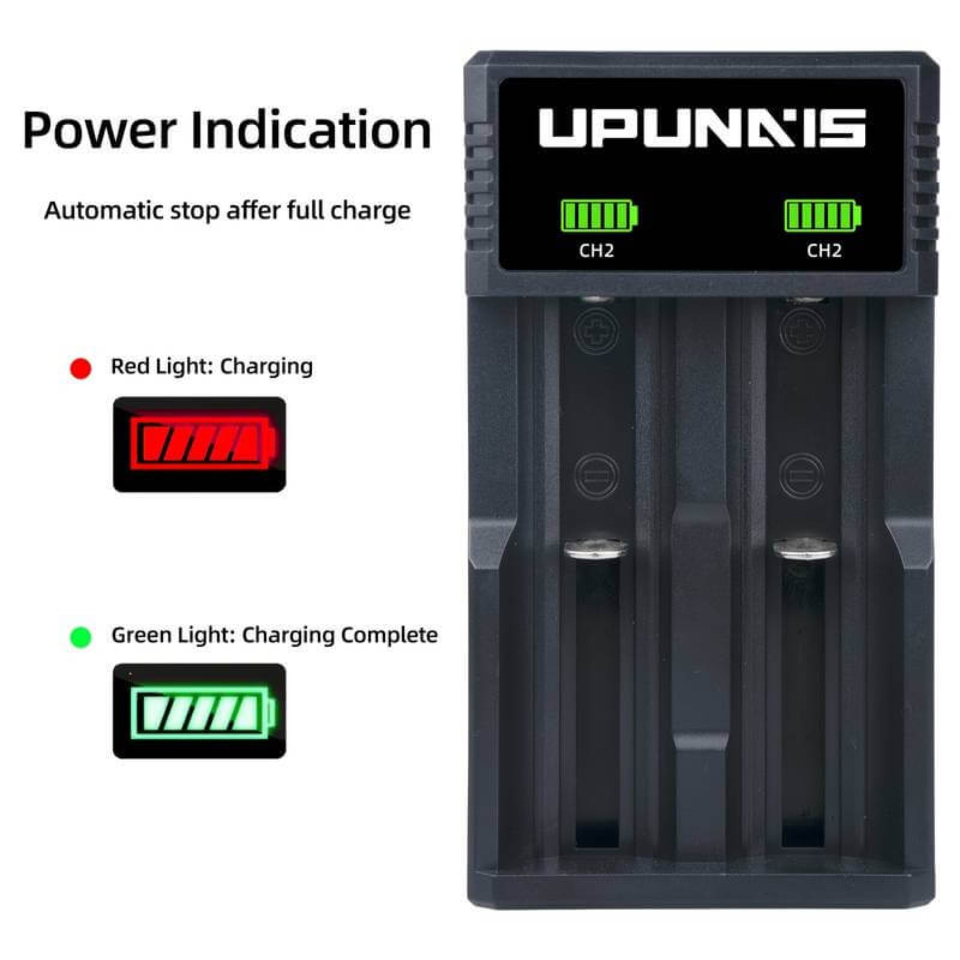 CH2A dual-slot charger power indication guide: red light means charging, green light means charging is complete.