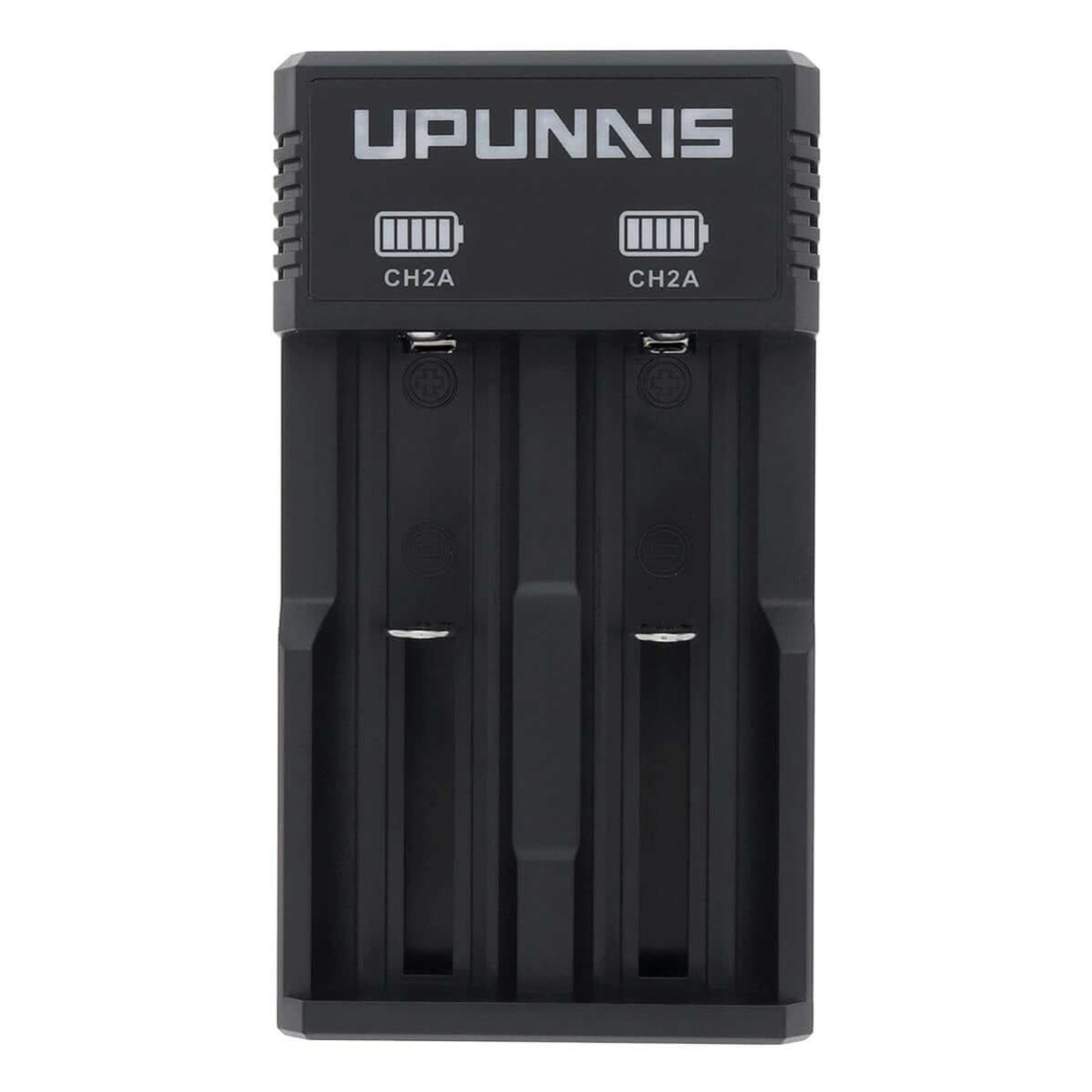 Front view of the Upunnis CH2A dual-slot charger, showing both charging bays and battery level indicators.