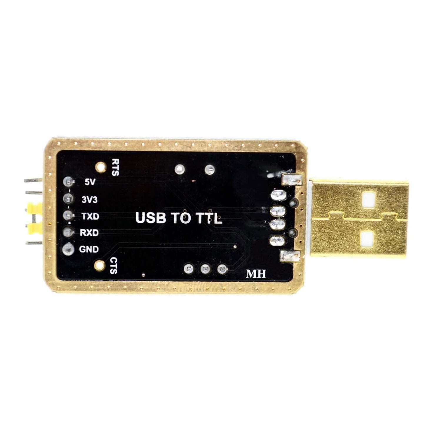 CH340G RS232 to TTL module with golden finish and USB connector, ideal for reliable USB to serial connections.