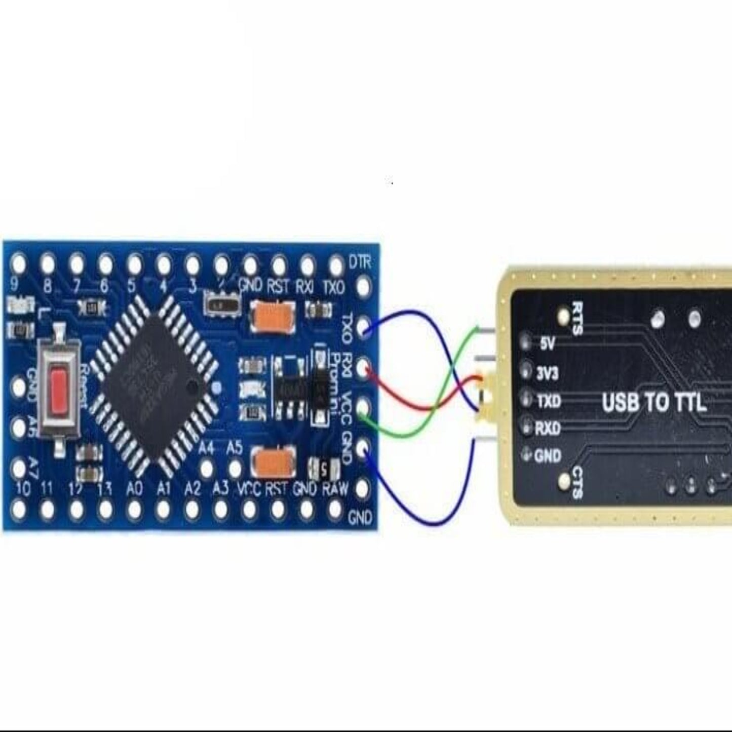 CH340G RS232 to TTL module with USB connection, featuring durable yellow pins and upgraded connection for serial communication.