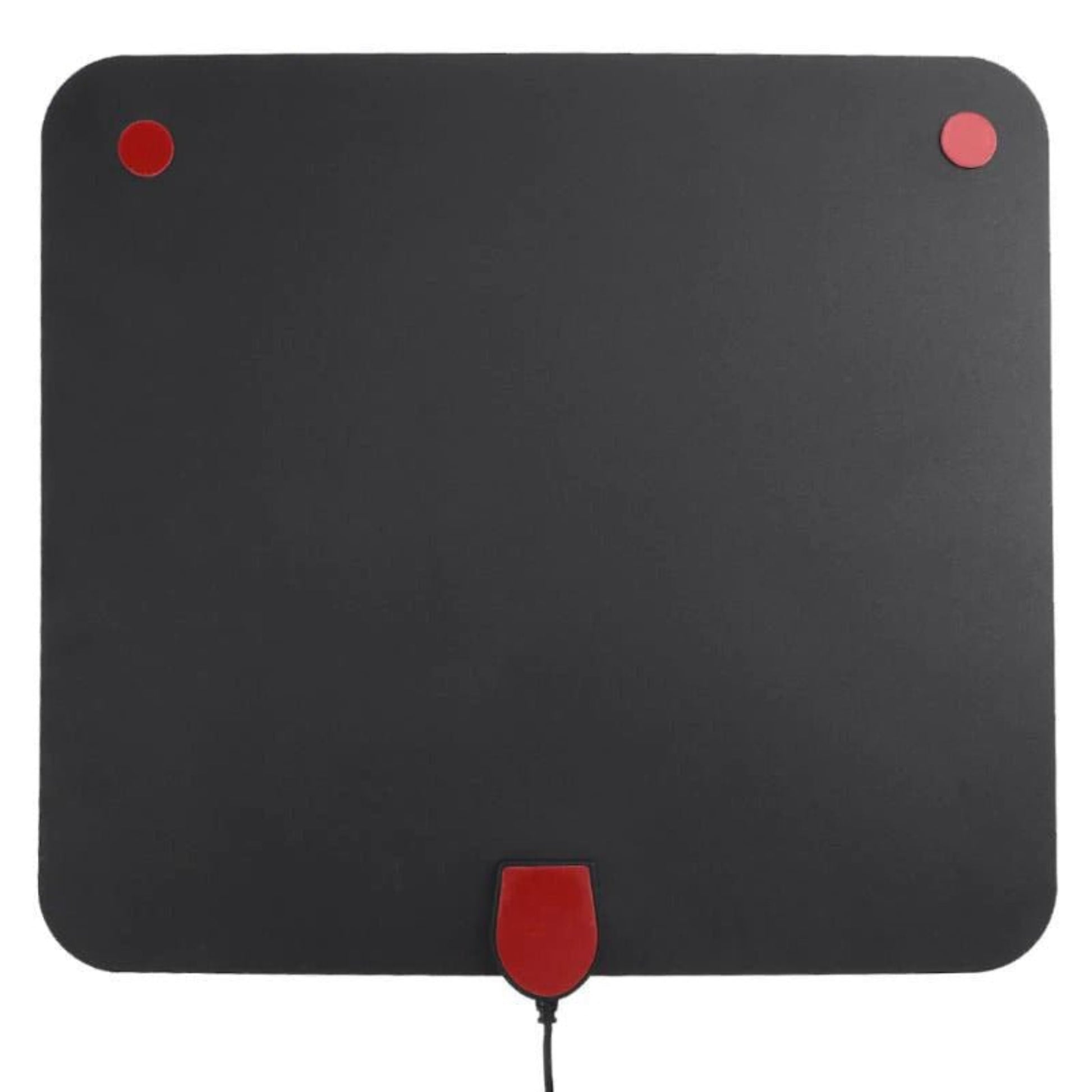 Indoor digital TV antenna with dual positioning stickers and coaxial cable for optimal signal reception.