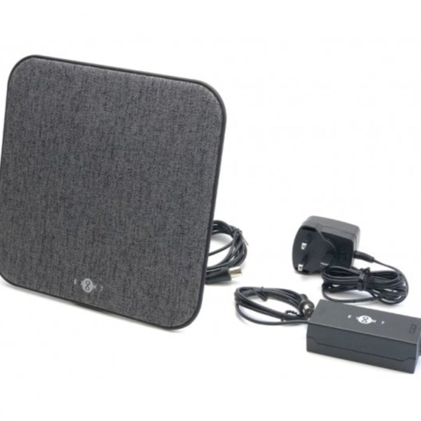 Complete kit for the Comfort Fabric 5G TV Antenna, including the indoor aerial, power adapter, and signal amplifier.