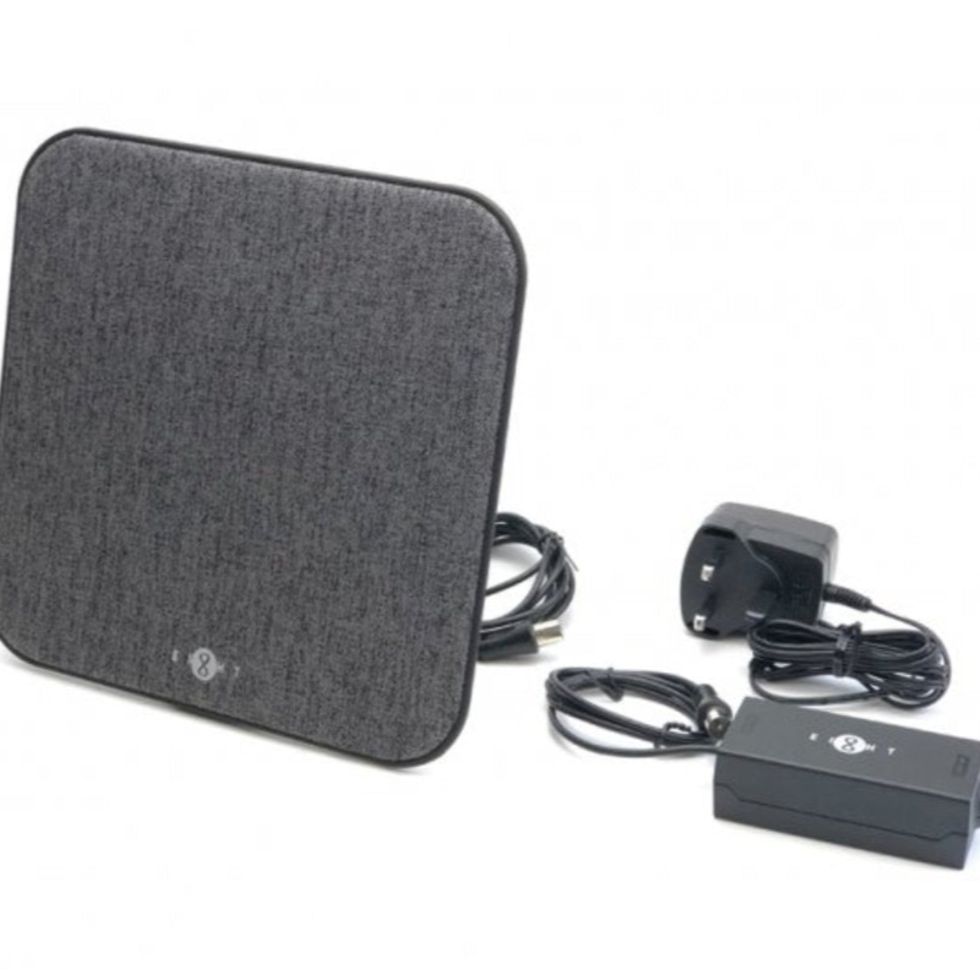 Complete kit for the Comfort Fabric 5G TV Antenna, including the indoor aerial, power adapter, and signal amplifier.