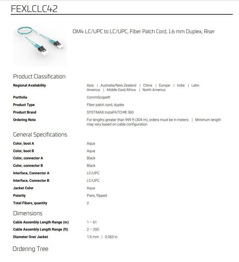 CommScope OM4 LC/UPC Duplex Fiber Patch Cable - 3ft Aqua Riser - Sun Cheong Computer Company Limited