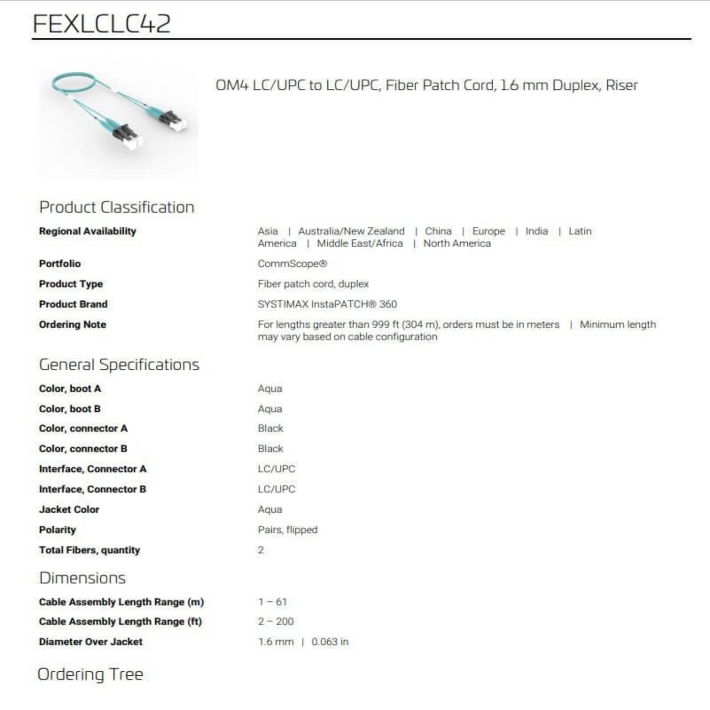 Product classification and dimensions for CommScope SYSTIMAX InstaPATCH 360 LC Duplex cable.