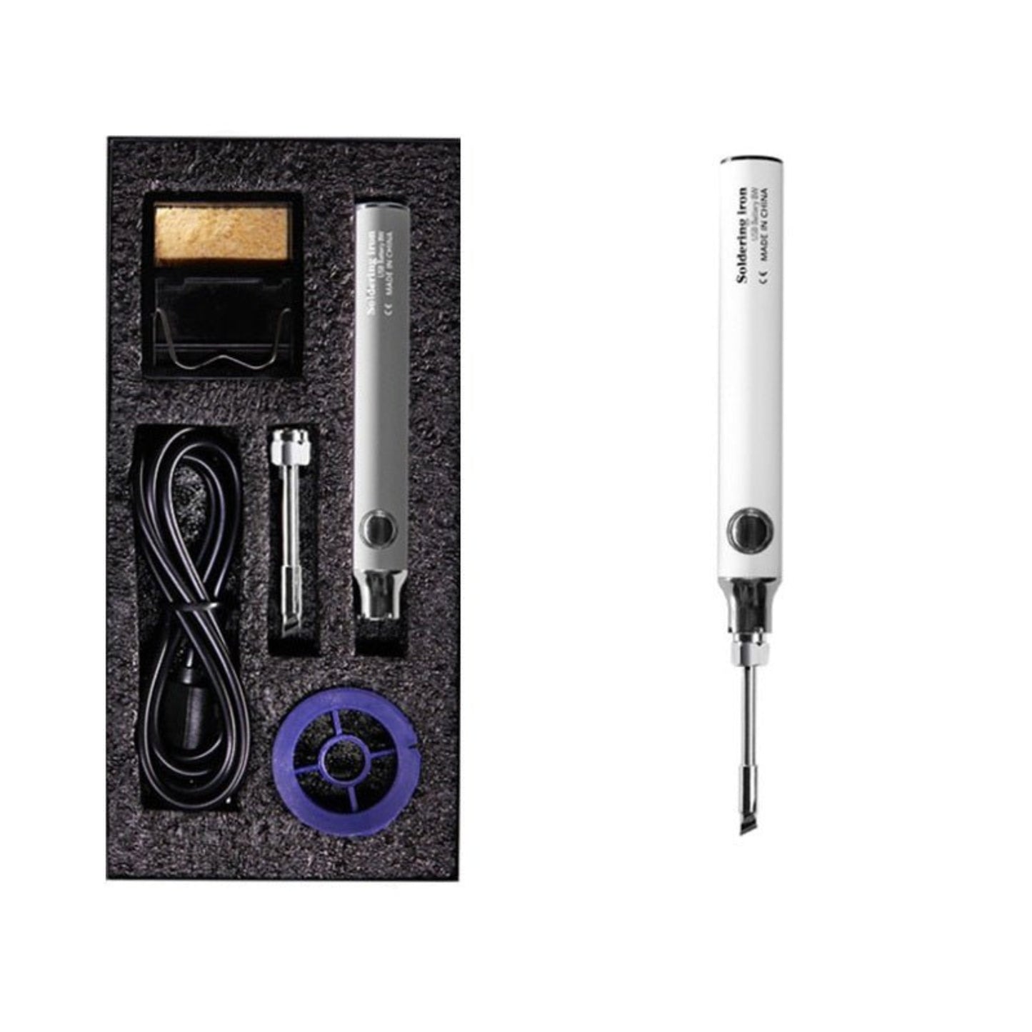USB charging wireless soldering iron set in a boxed kit, includes iron, charging cable, and cleaning sponge.