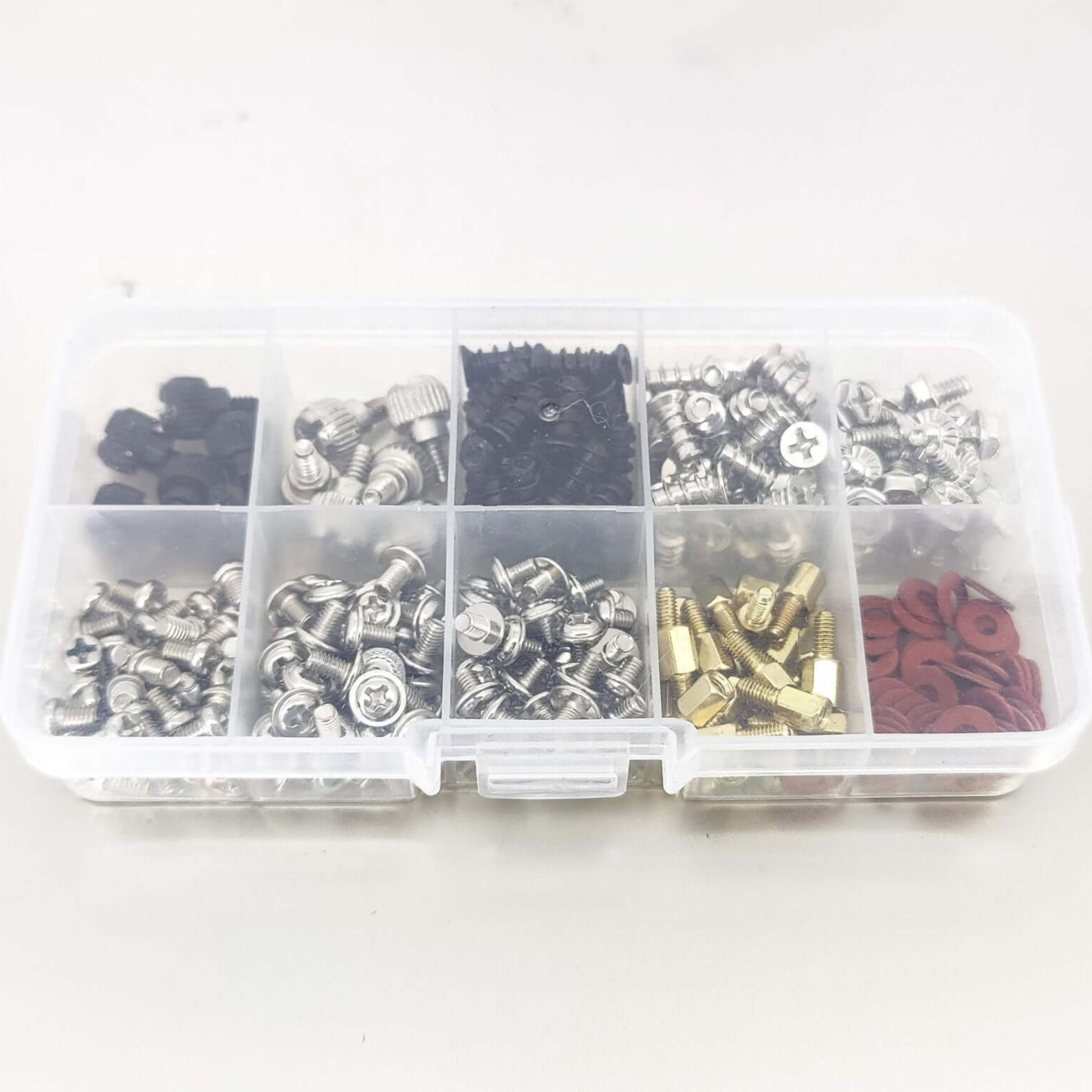 Assortment kit of computer screws, including motherboard standoffs, hard drive screws, and fan screws in a plastic box.
By using these descriptive names and alt text, you can help s