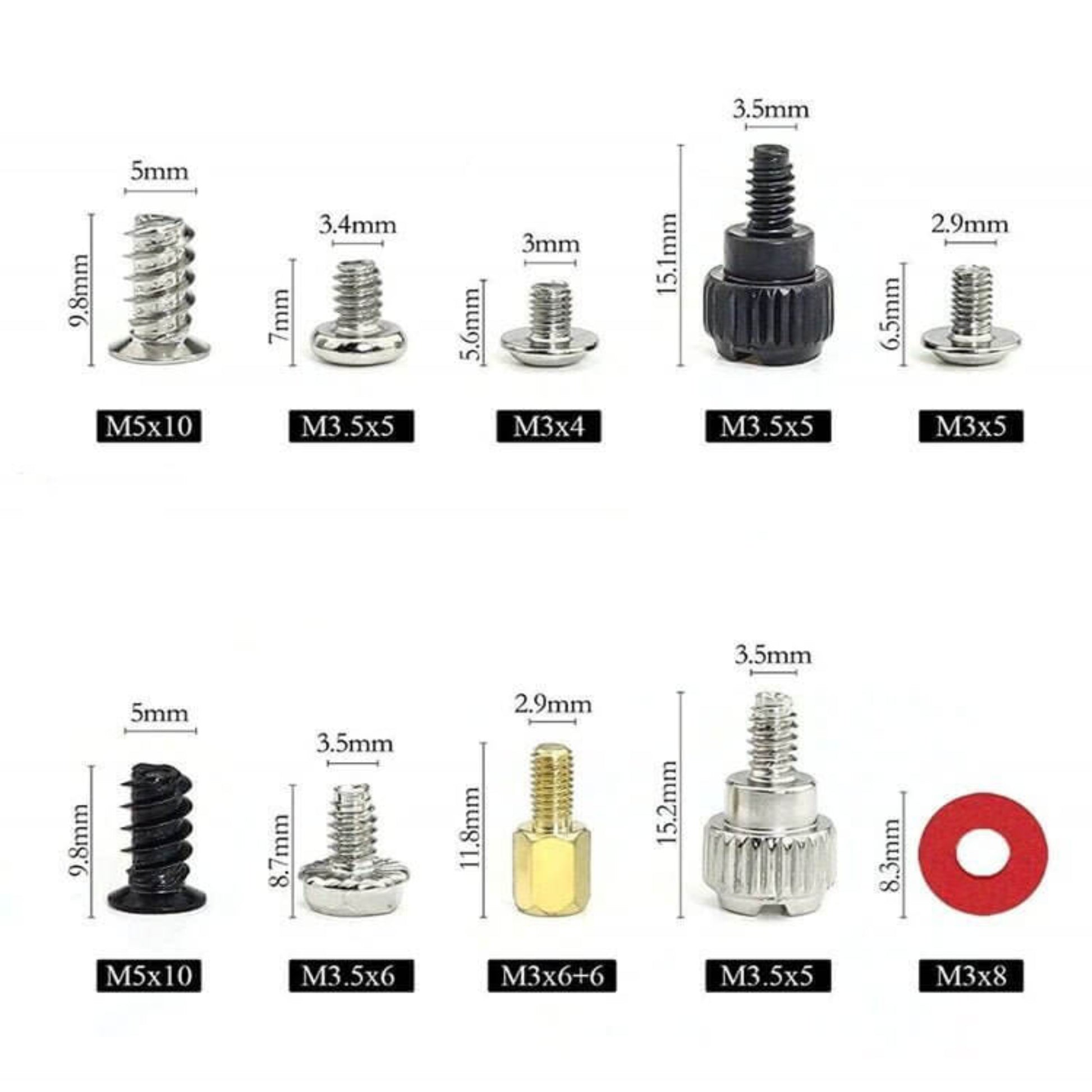 A detailed view of various computer screws and standoffs with measurements for PC cases, motherboards, and hard drives.