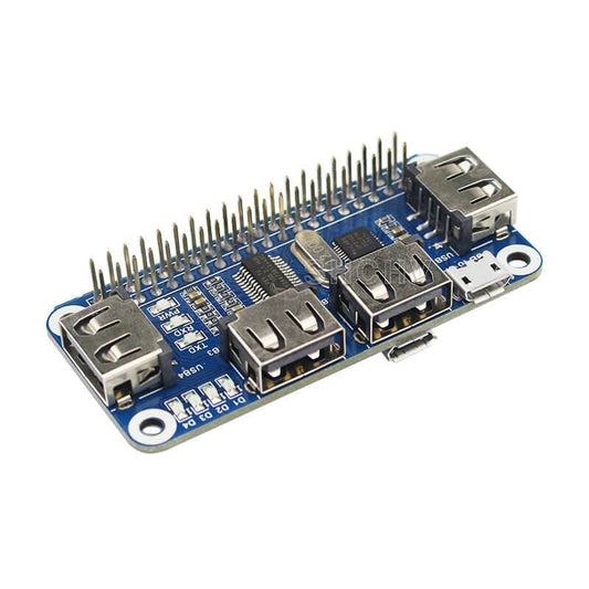 Raspberry Pi 4 Port USB HUB HAT module with USB2.0 compatibility and onboard UART converter.