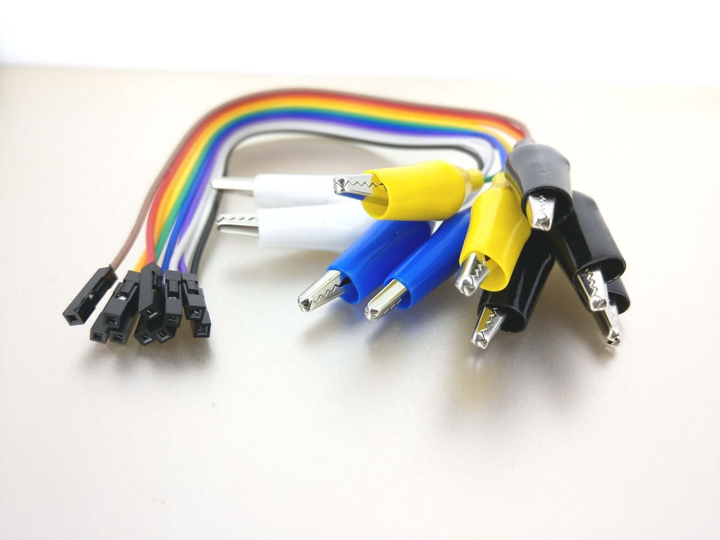Crocodile clip to female jumper wires in various colors, ideal for testing and prototyping electronics, 10-pack.