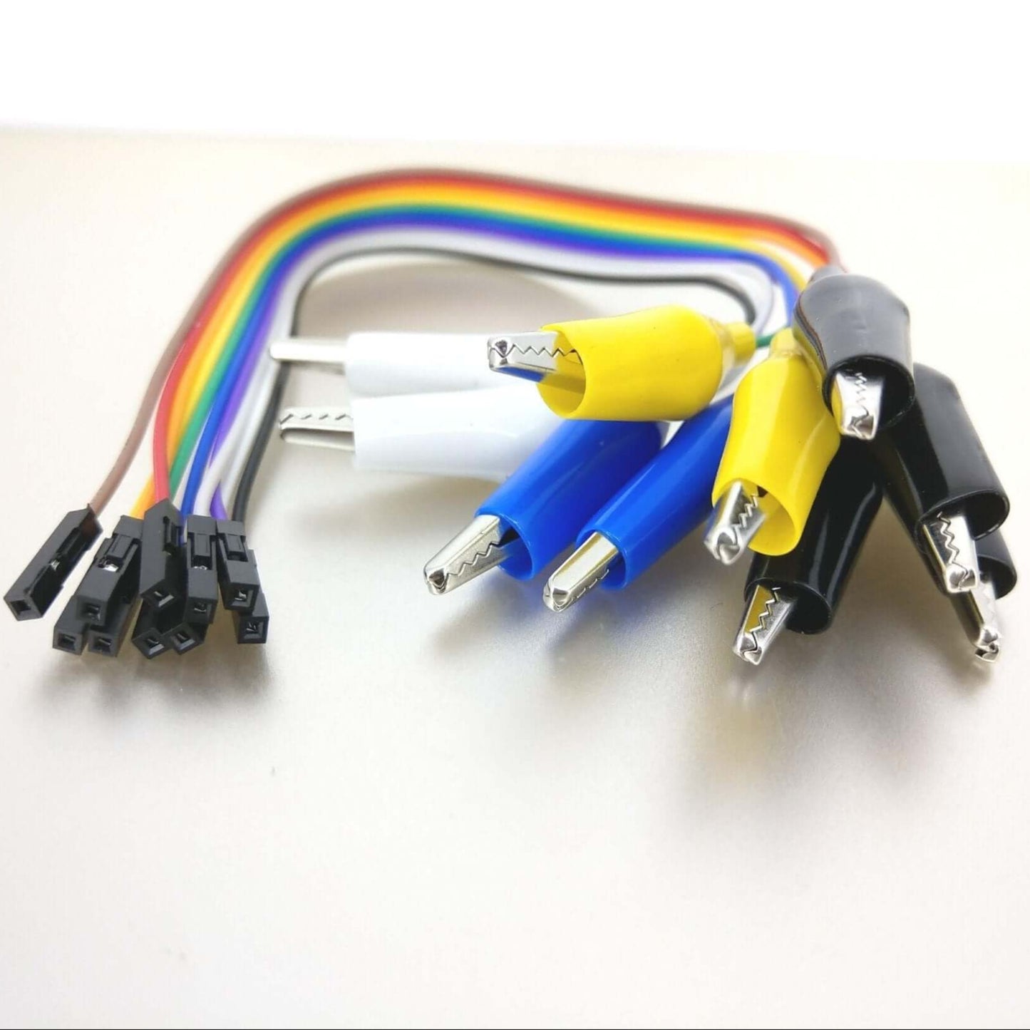 Crocodile clip to female jumper wires in various colors, ideal for testing and prototyping electronics, 10-pack.