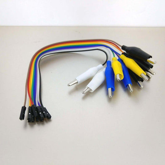 Colorful 20cm Crocodile Clip to Female Jumper Wires, 10 pack for electronics projects and rapid prototyping.