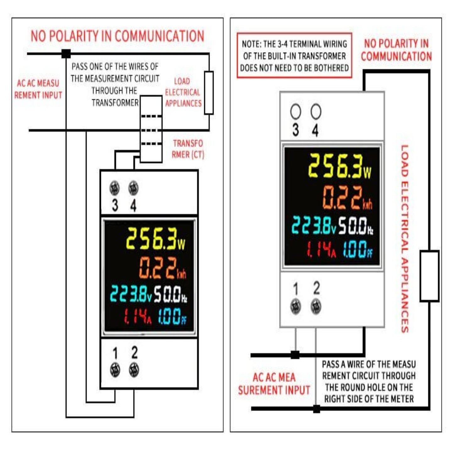 D52-2066 diagram showing non-polarity communication and CT wiring options for load electrical appliances.