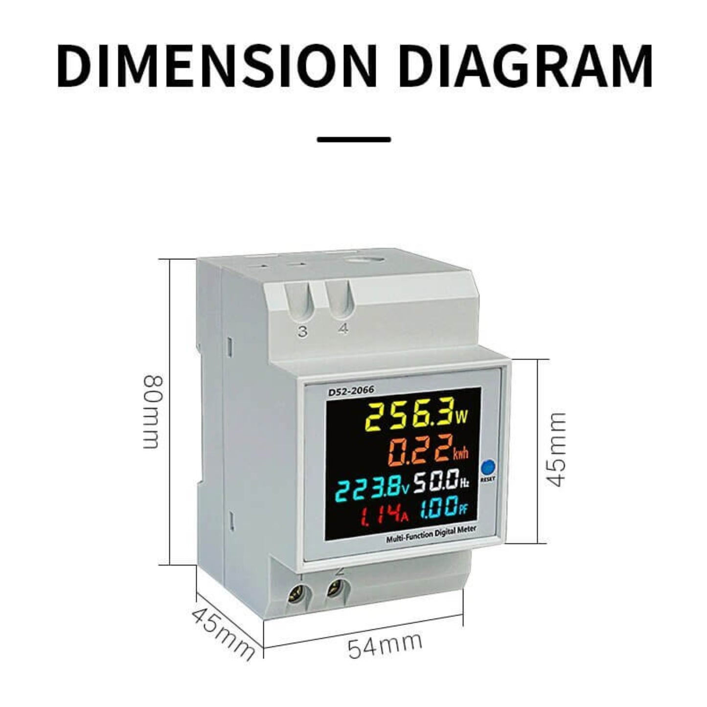 Detailed dimensions diagram for the D52-2066 single-phase smart watt-hour meter for guide rail installation.