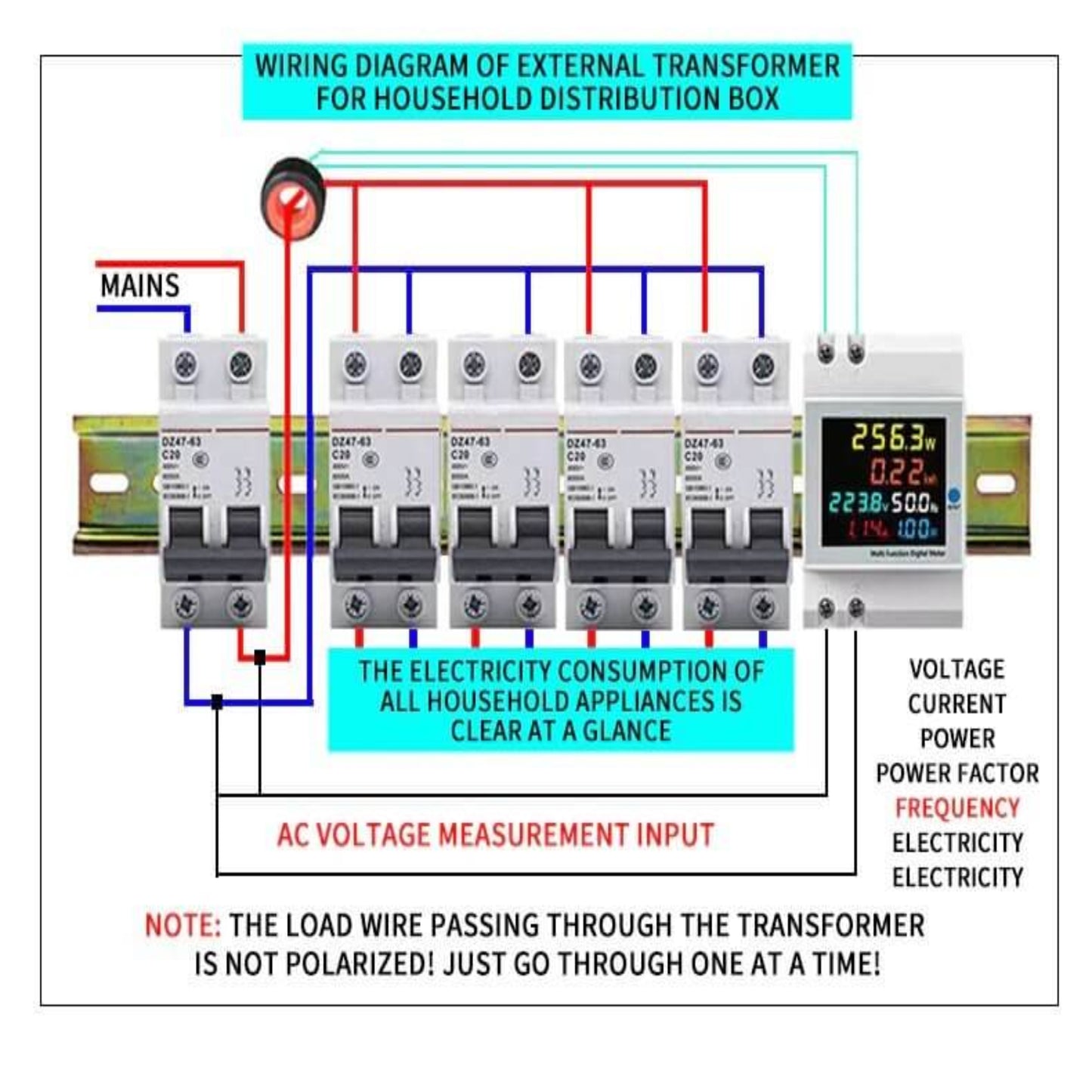 Wiring diagram showing the D52-2066 meter with an external current transformer (CT) for household distribution box.